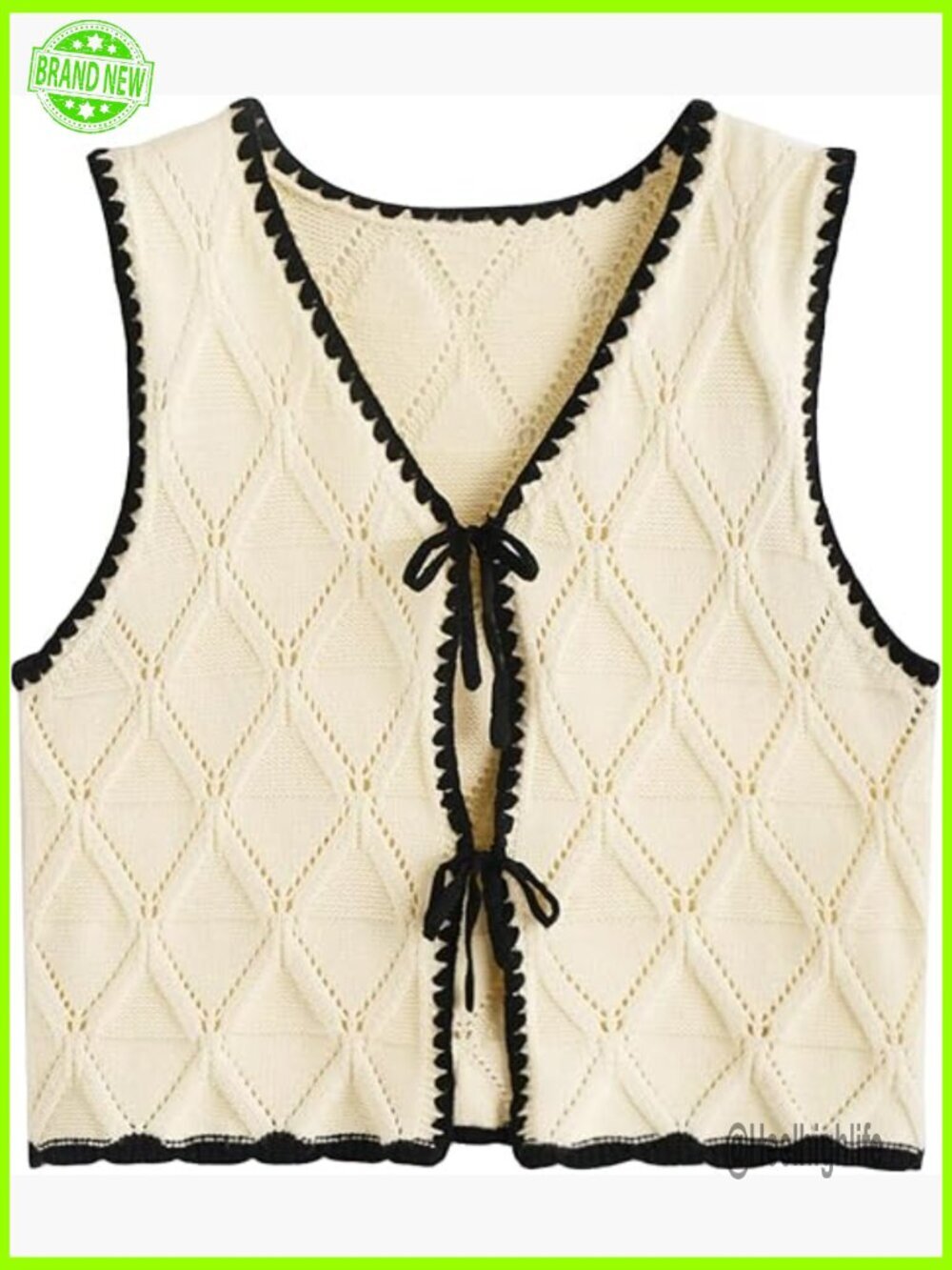Sleeveless V-Neck Knit Sweater Vest with Bow Tie Front and Contrast Binding